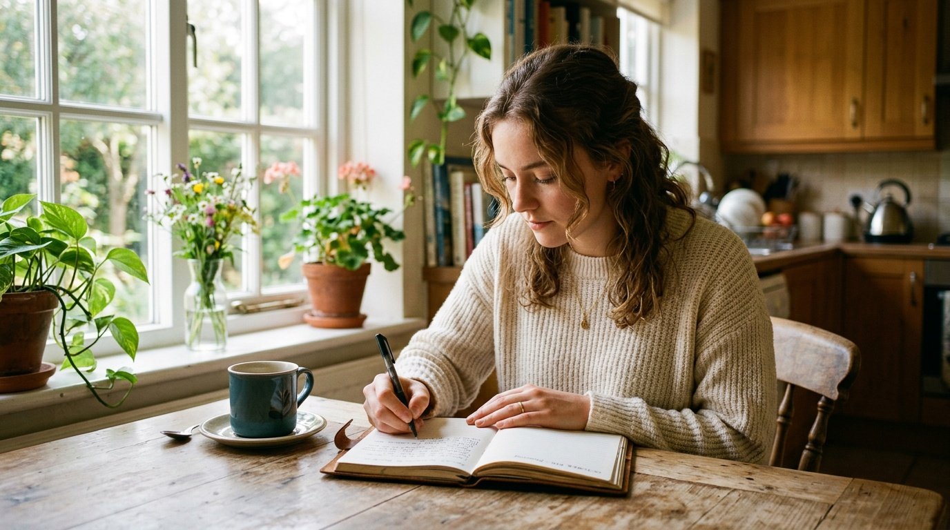 Young woman practicing stress management activities by journaling at a sunlit kitchen table