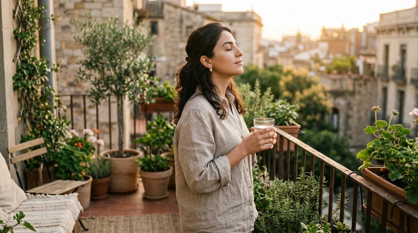 Middle Eastern woman taking slow breaths on a balcony to manage stress and cravings