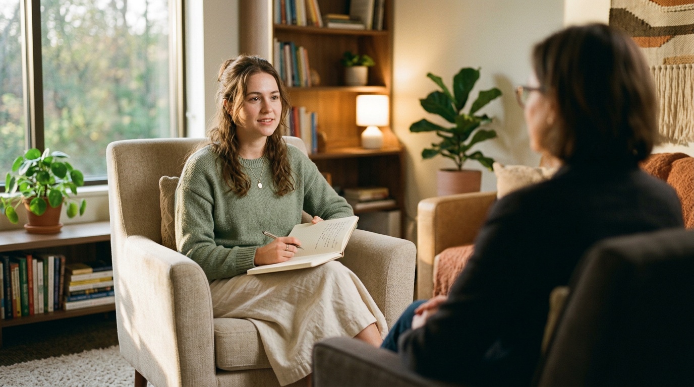 Young woman in a stress management psychotherapy session with a therapist in a warmly lit office