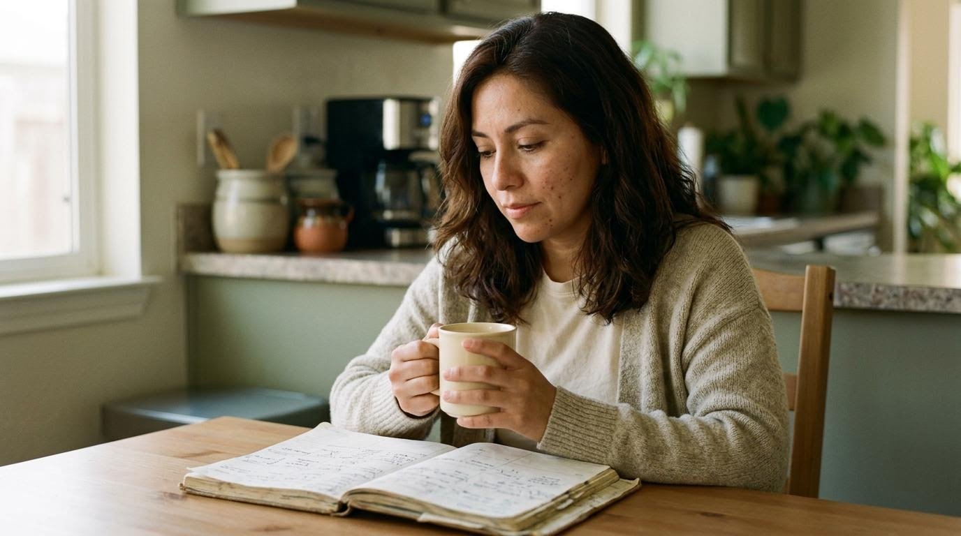 Woman reviewing a weekly planner at her kitchen table, using stress management techniques for bipolar disorder