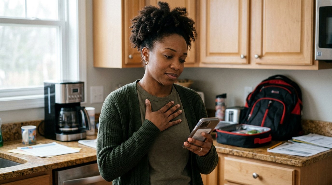 Young woman practicing stress management techniques for women during a busy morning at home