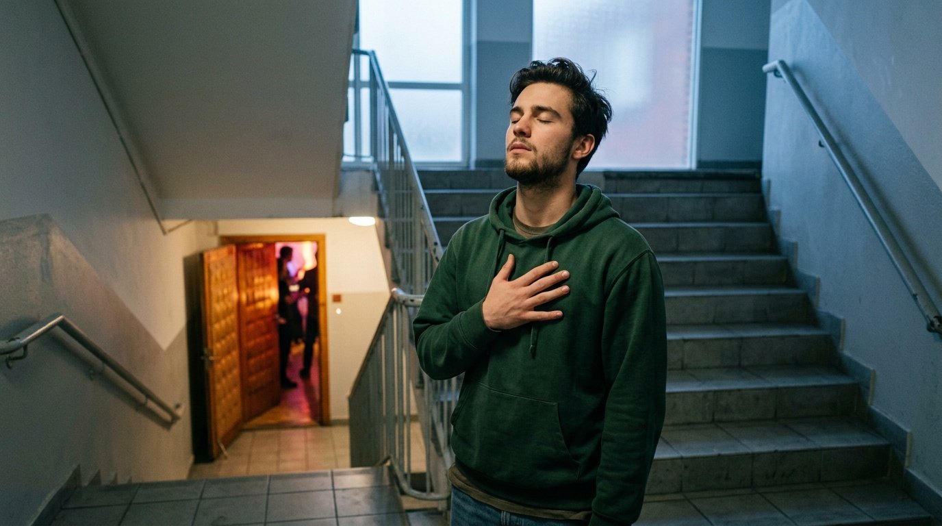 Man practicing breathing techniques for stress reduction skills for social anxiety before entering an event
