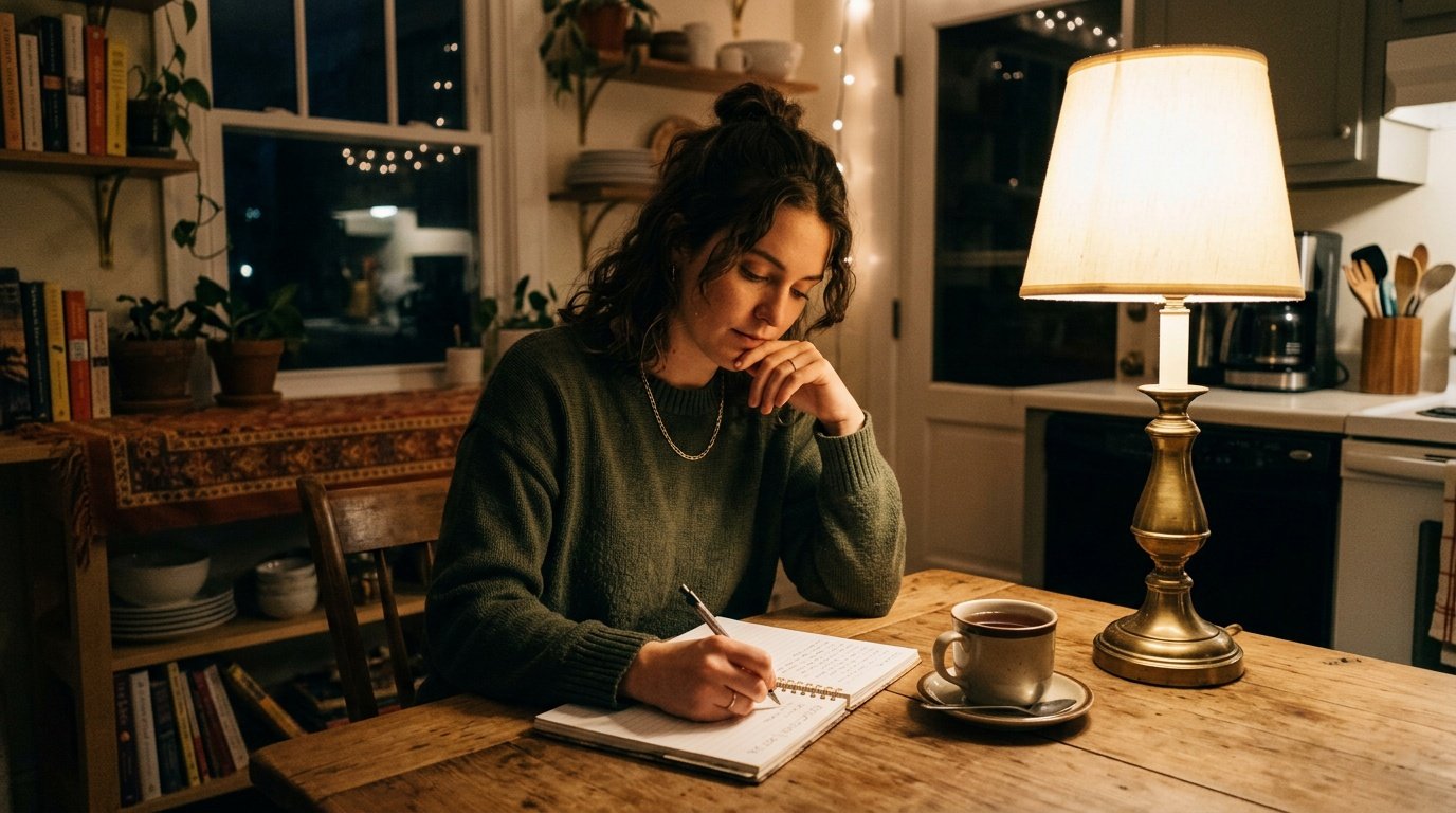 Young adult journaling to process anxious thoughts after a social event as part of stress reduction skills for social anxiety