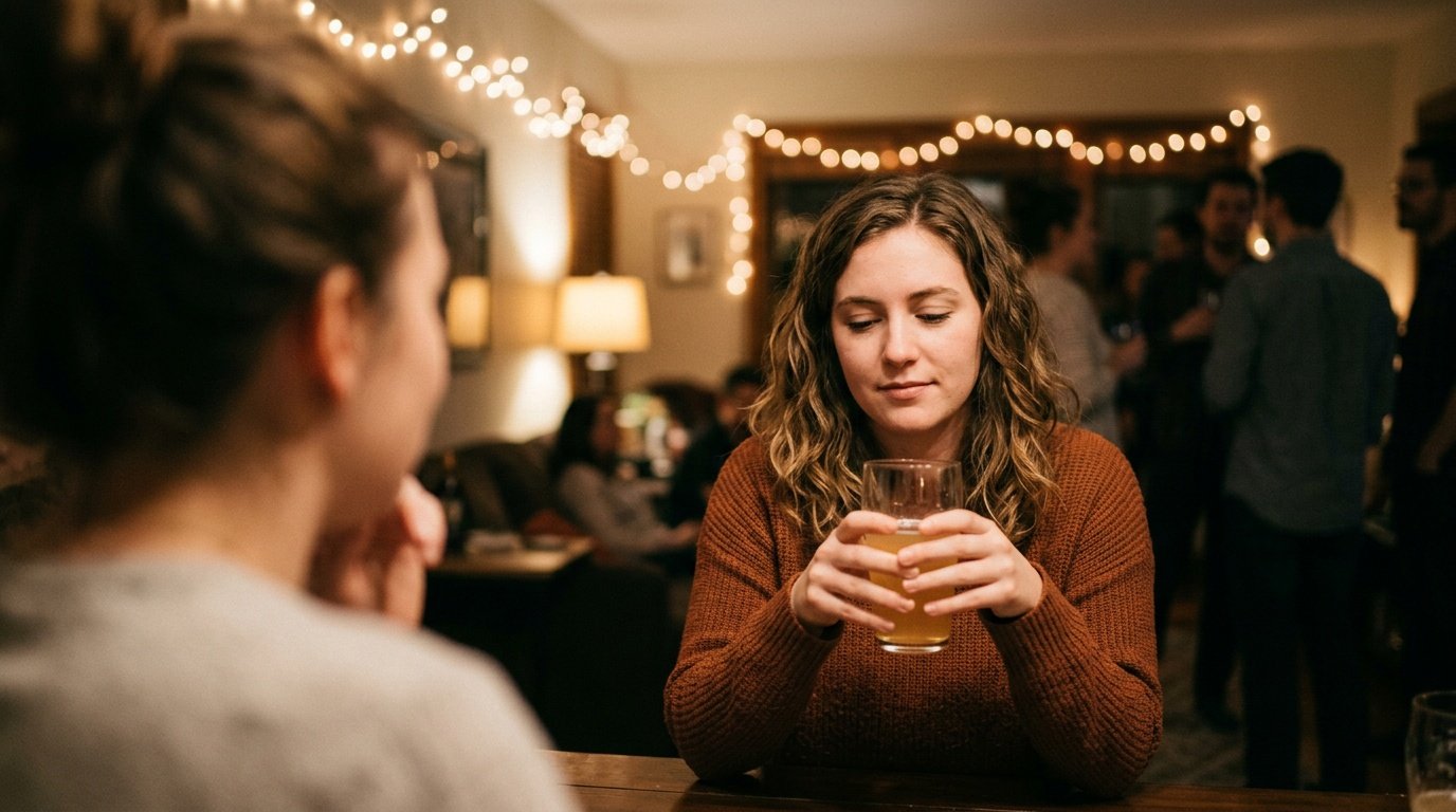 Woman using a discreet grounding technique during a conversation at a social gathering