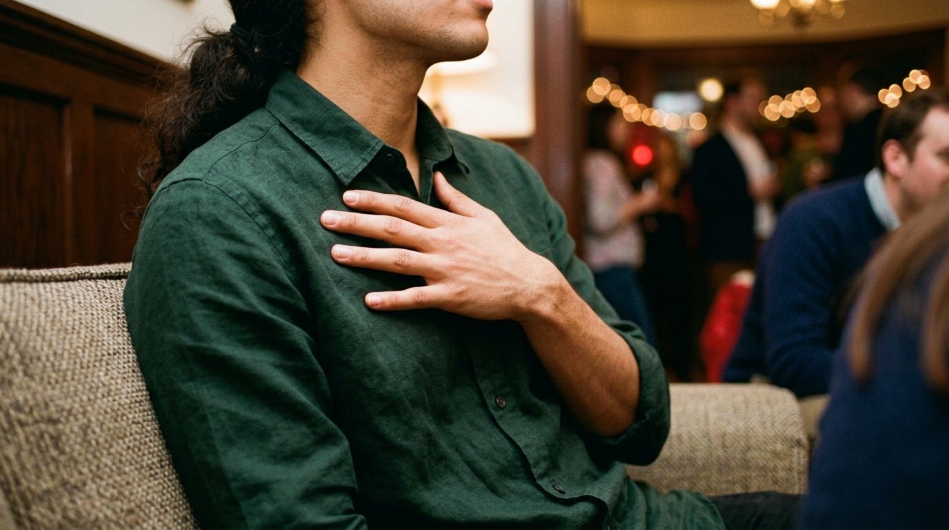 Person noticing physical stress symptoms of social anxiety like a racing heart before a gathering