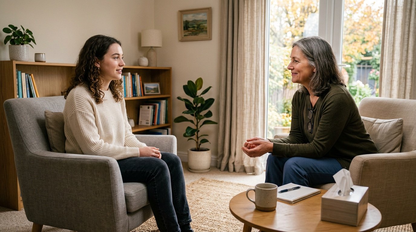 Person talking with a therapist about social anxiety after trying stress reduction skills on their own