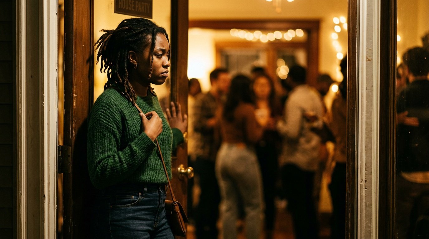 Young woman pausing at a doorway using stress reduction skills for social anxiety before entering a gathering
