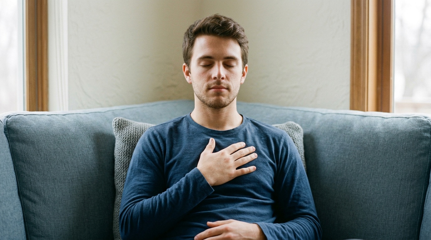 Young man practicing a calming breathing exercise to manage his stress response