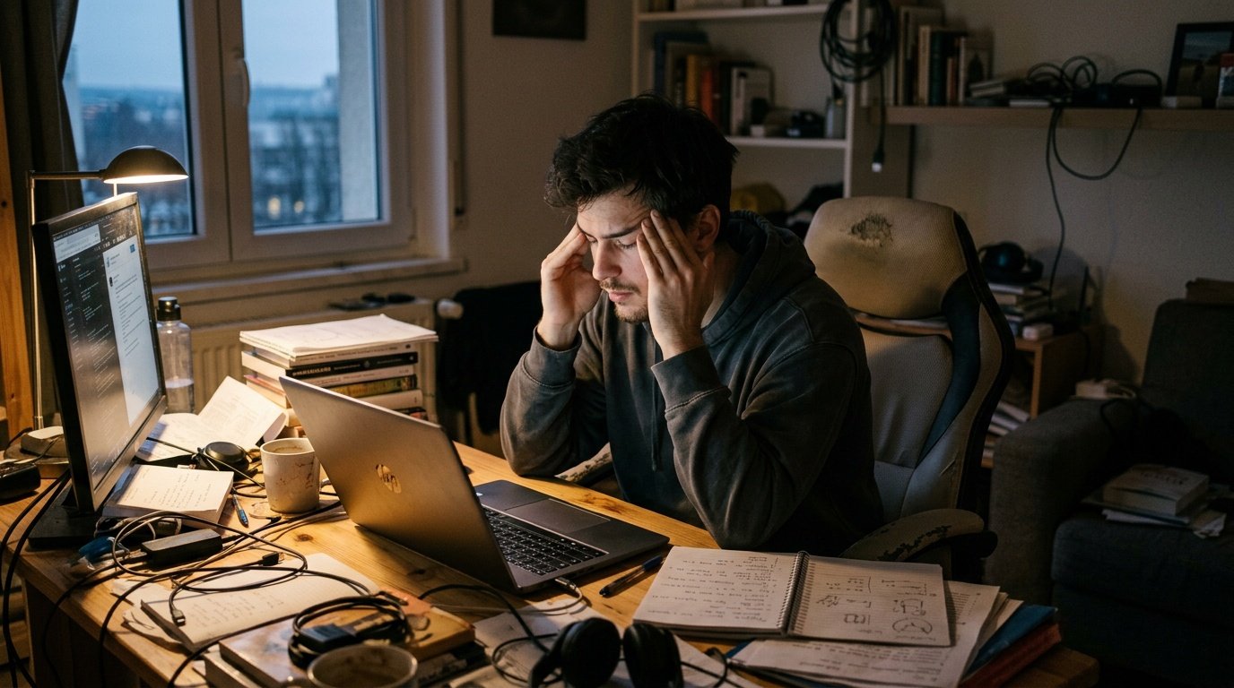 Person showing physical signs of stress response tension while working at a desk