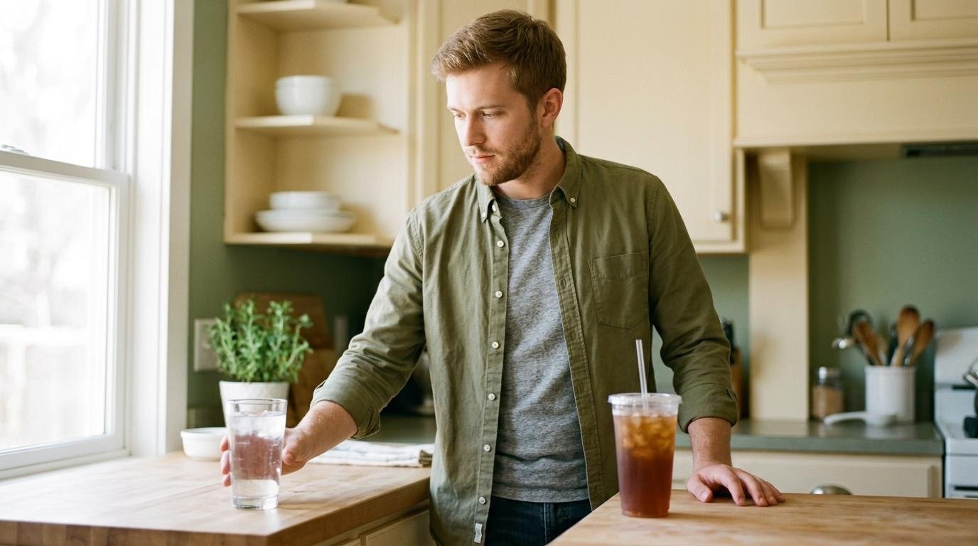 White American man choosing a glass of water over a sweetened iced drink at a kitchen counter