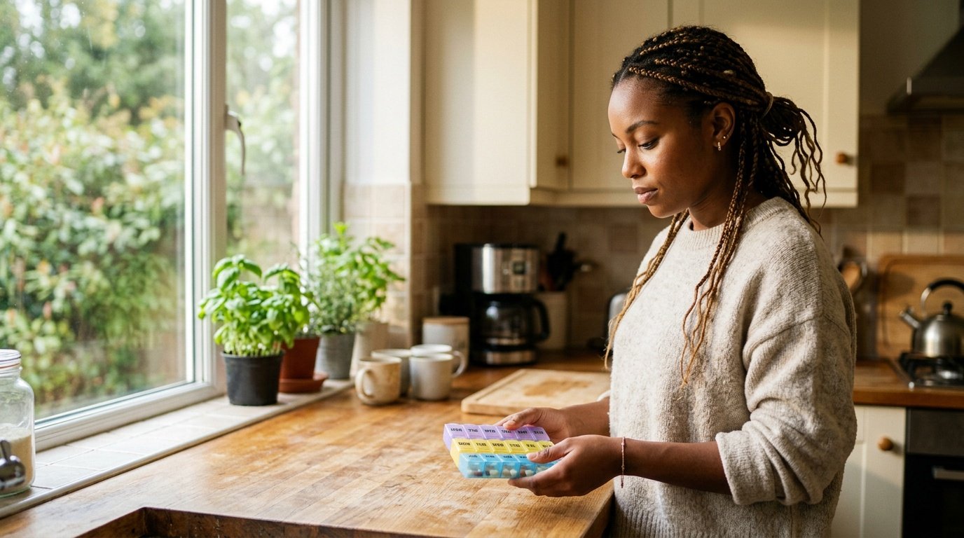 Supplements in the Morning or at Night decision shown through a weekly pill organizer on a kitchen counter