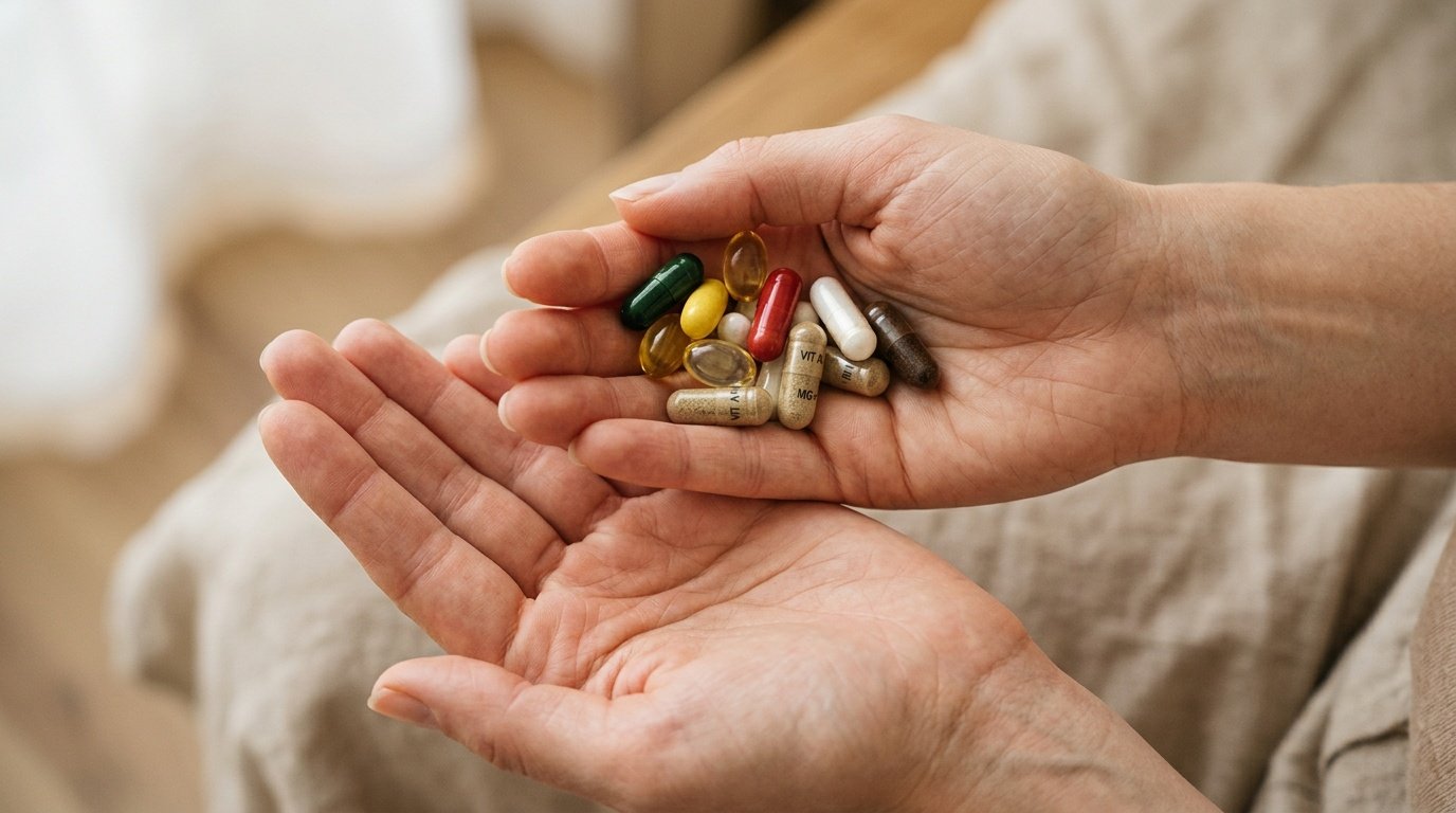 hand holding a fistful of assorted vitamin and supplement capsules