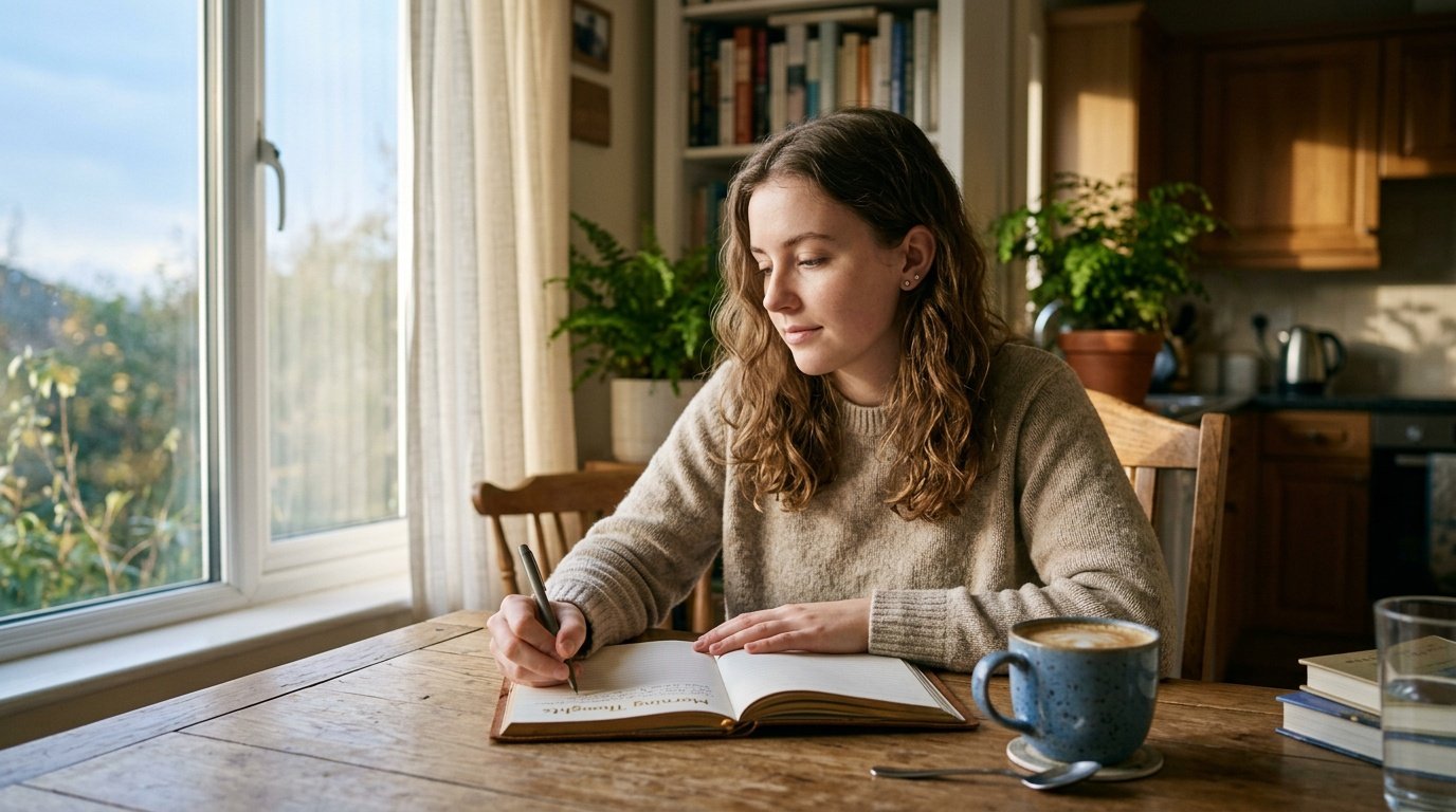 sustainable weight loss habits that actually stick illustrated by a young woman journaling in soft morning light