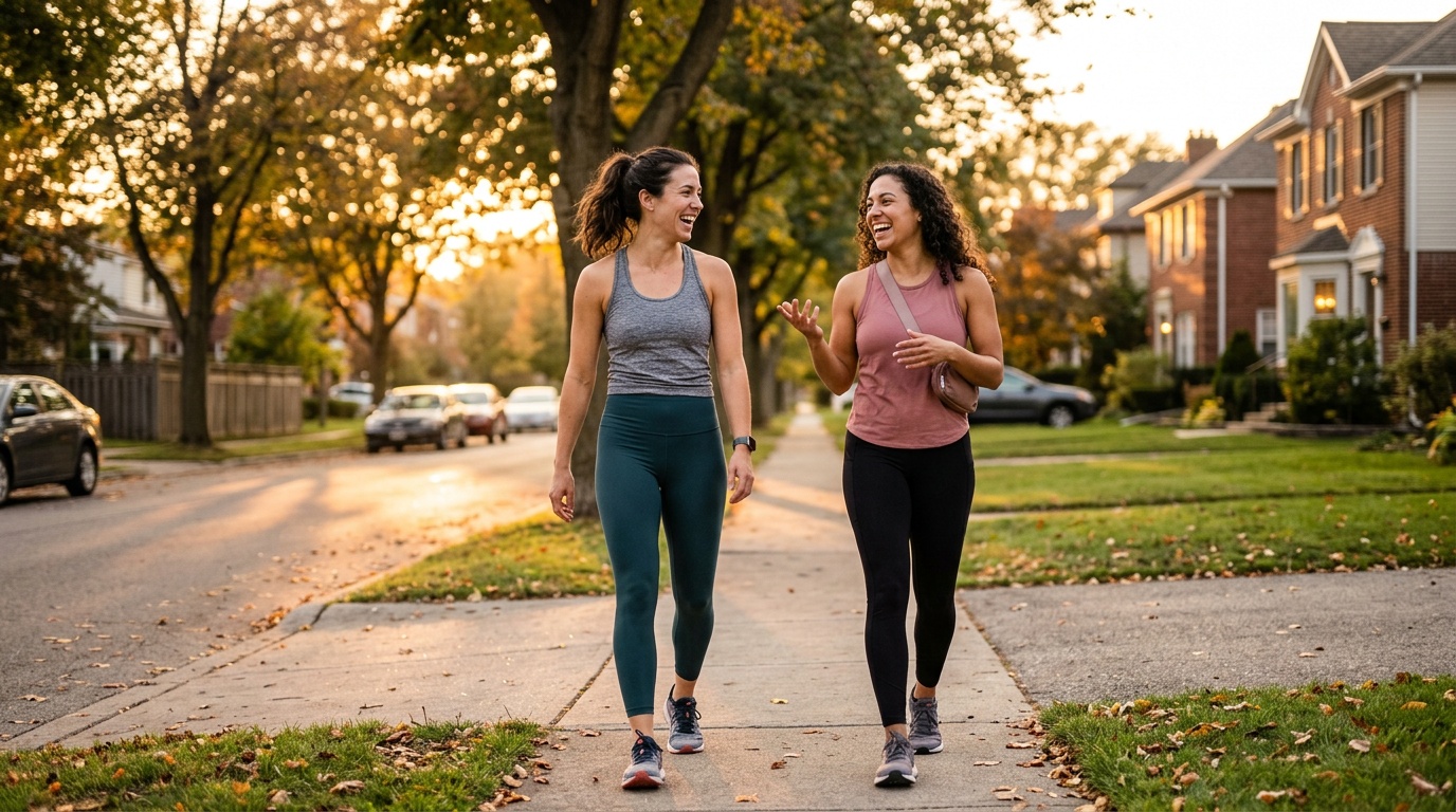 two beginners building a sustainable weight loss routine with a casual evening walk