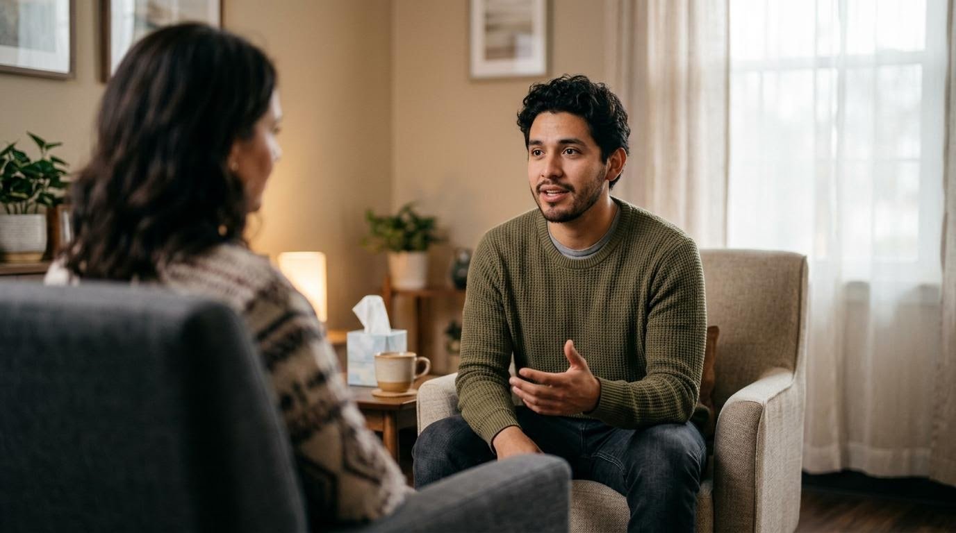 Hispanic man in his mid-20s talking with a counselor in a calm office about low self esteem