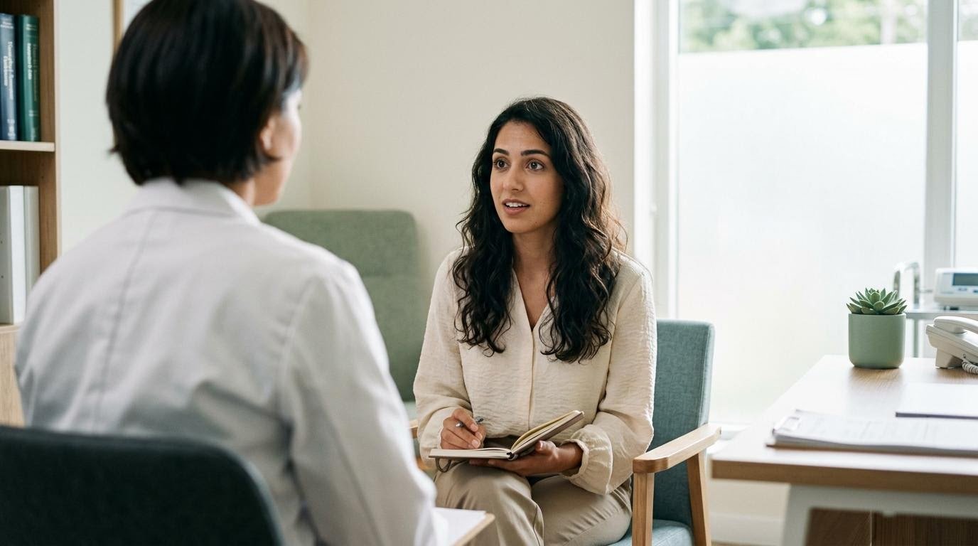 Middle Eastern woman talking with a doctor about early depression symptoms in a bright clinic