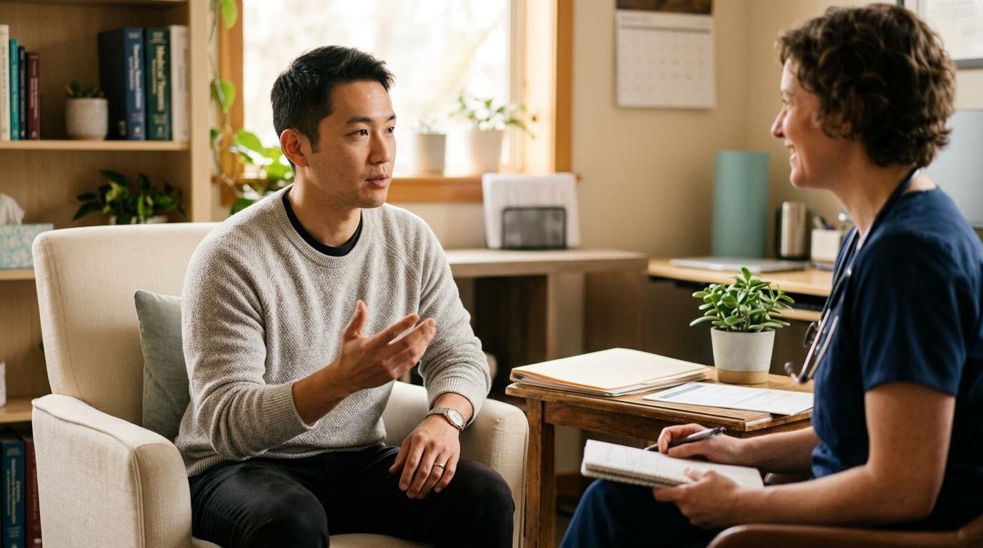 young man talking to a doctor before starting an intermittent fasting schedule