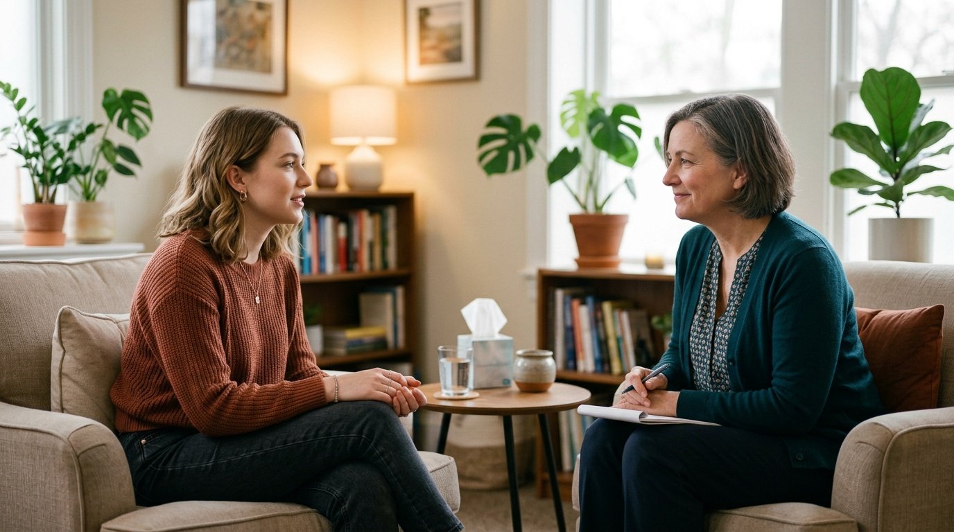 person having a supportive conversation with a therapist about ongoing anxiety symptoms