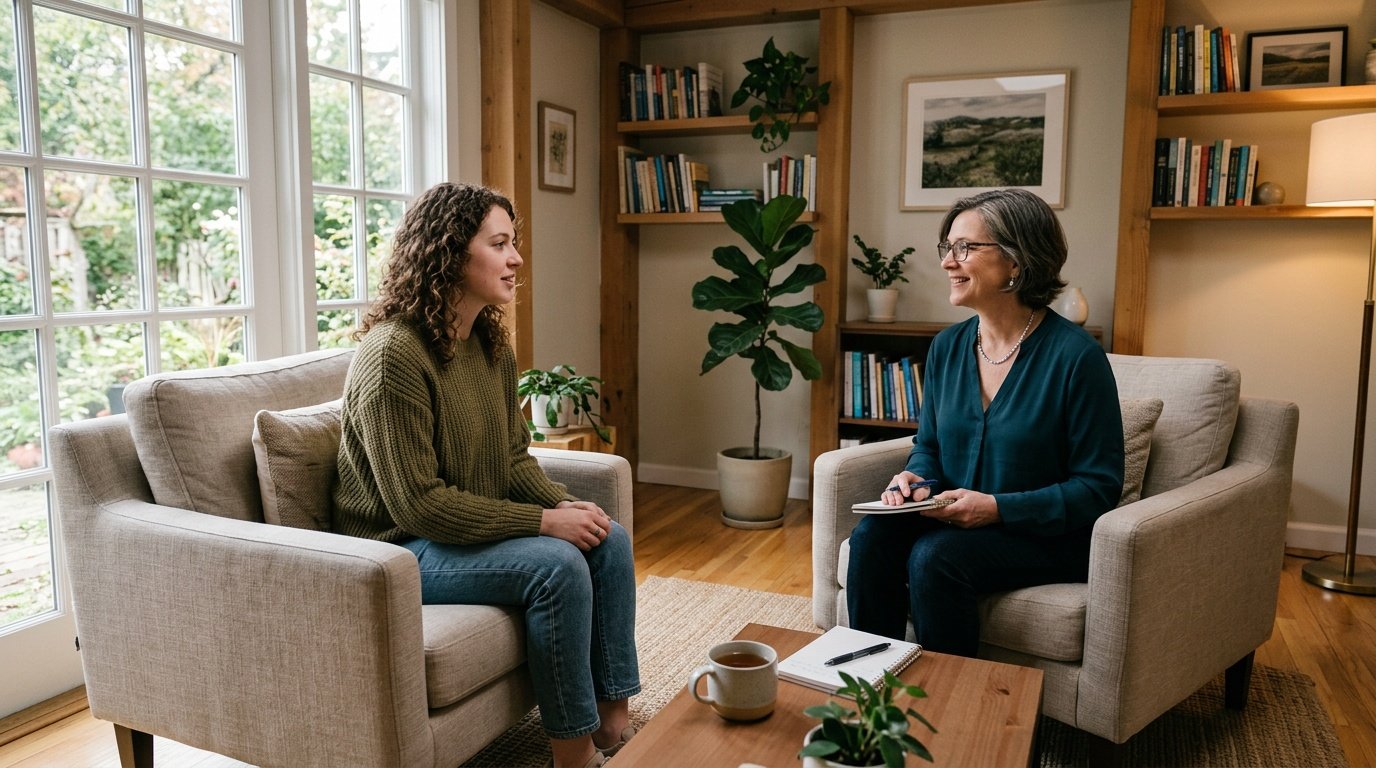 person talking with a therapist about ongoing stress and anxiety