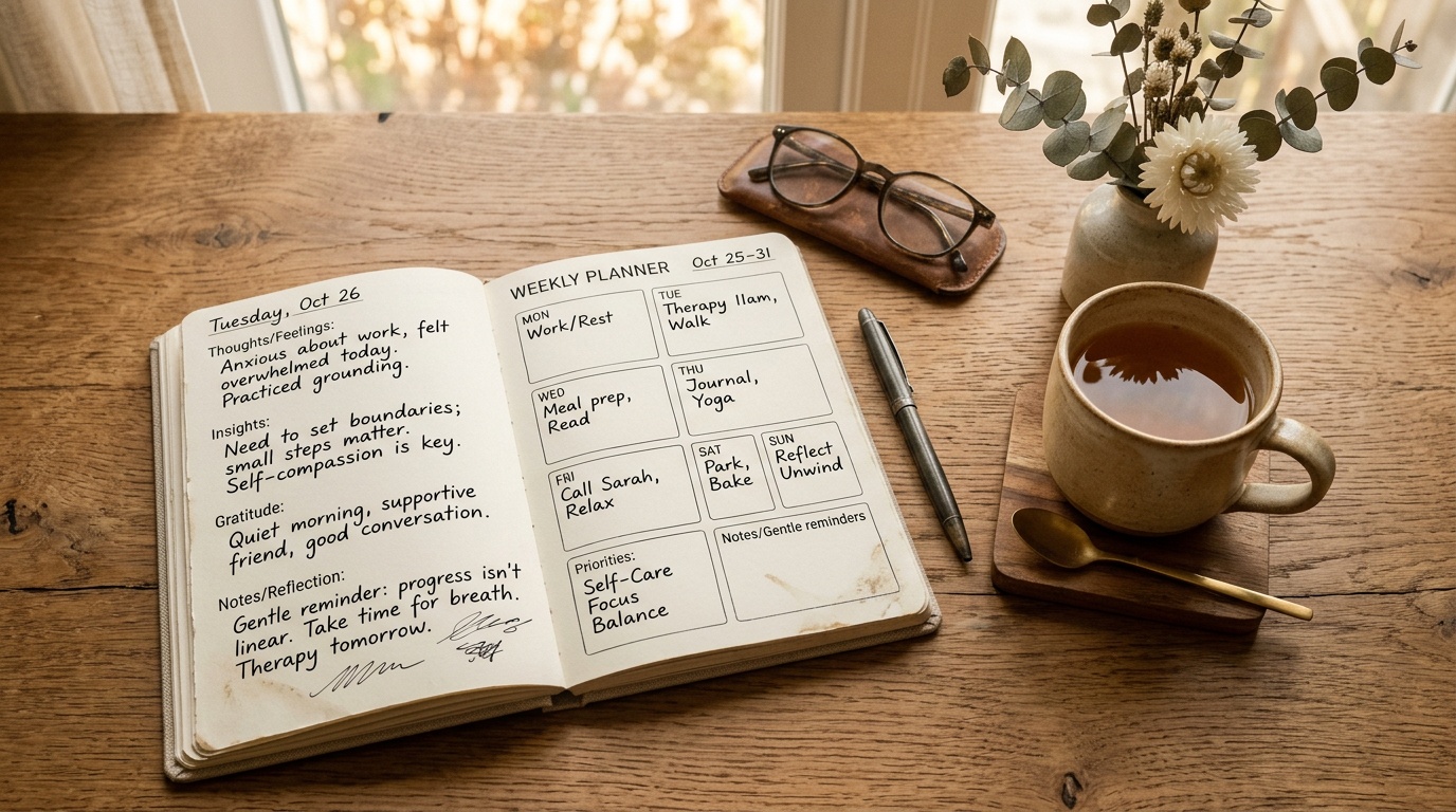 Journal and planner used to track progress during stress management therapy sessions