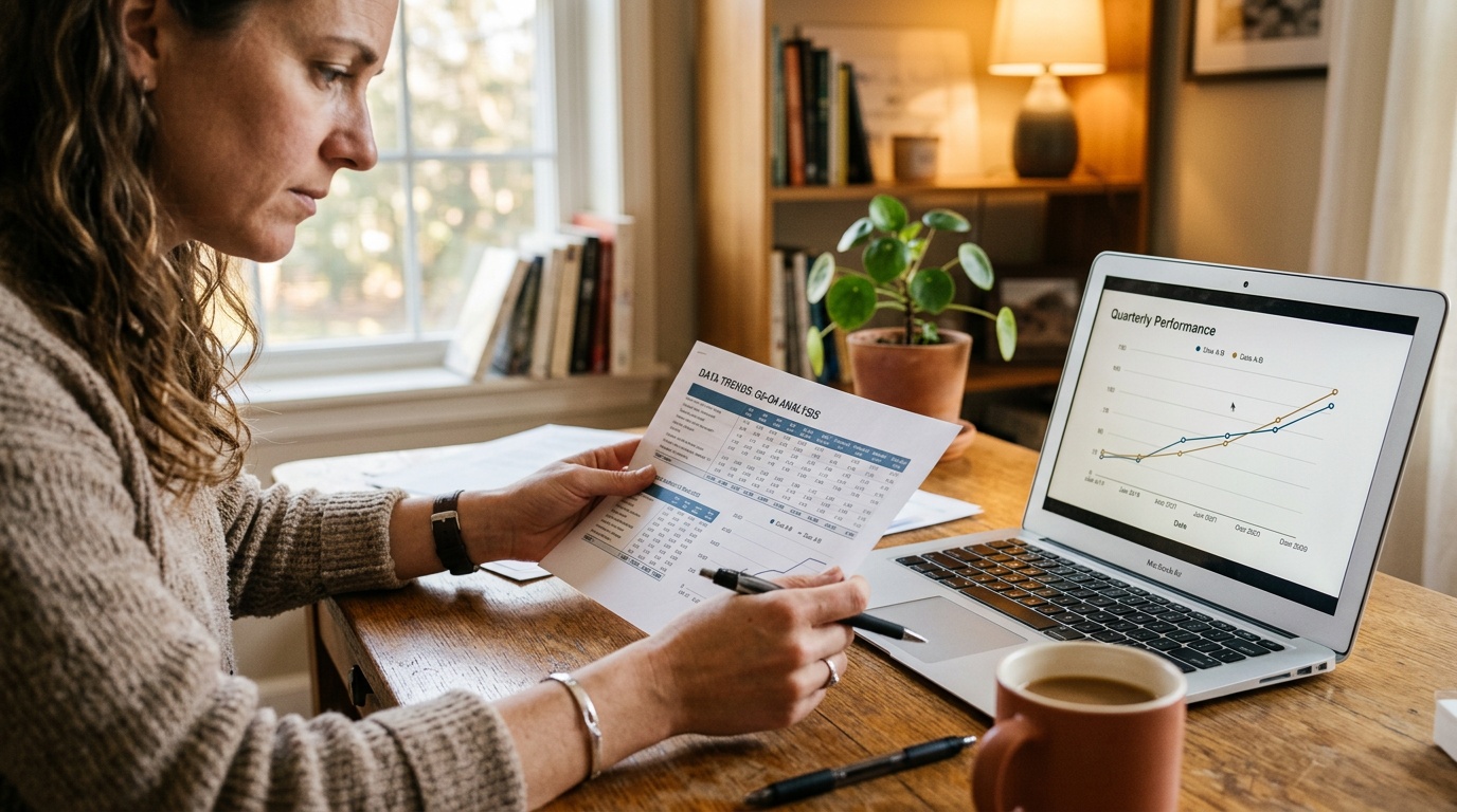 Researcher reviewing a clinical study comparing meal timing and calorie intake on a laptop