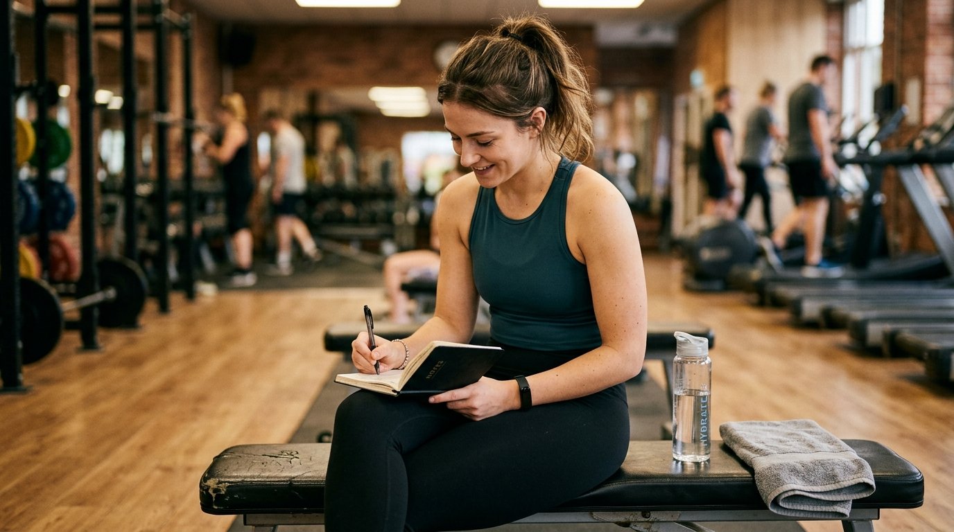 Tracking progress in a workout routine for beginners at home with a notebook