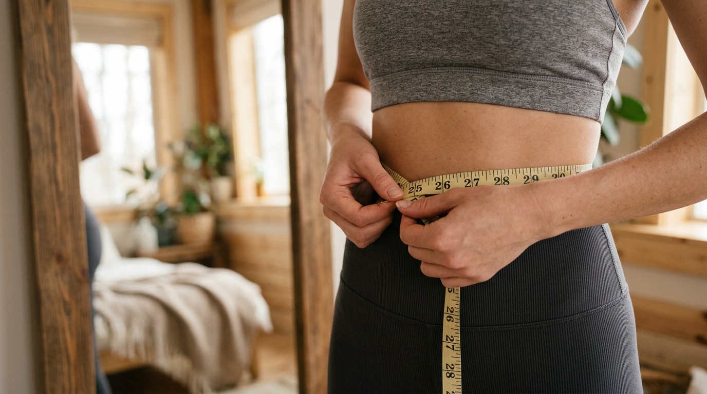 Person measuring their waist with a tape measure instead of relying only on the bathroom scale