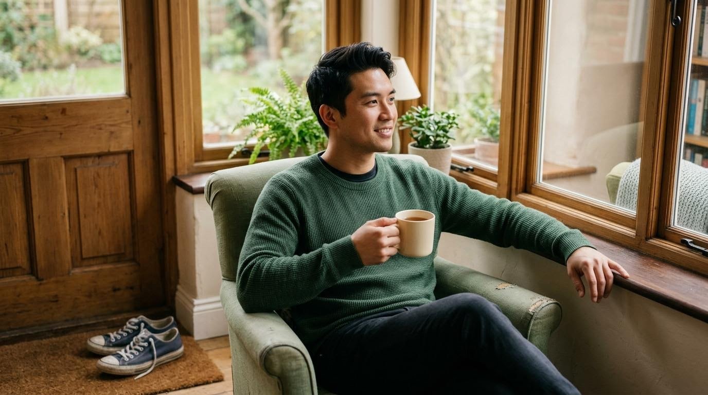 Man relaxing with a cup of brewed tea by a window after a walk