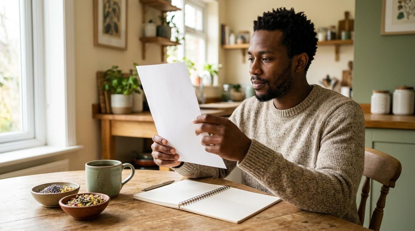Man reading a health article at a kitchen table beside herbal tea, researching traditional chinese herbs for weight loss