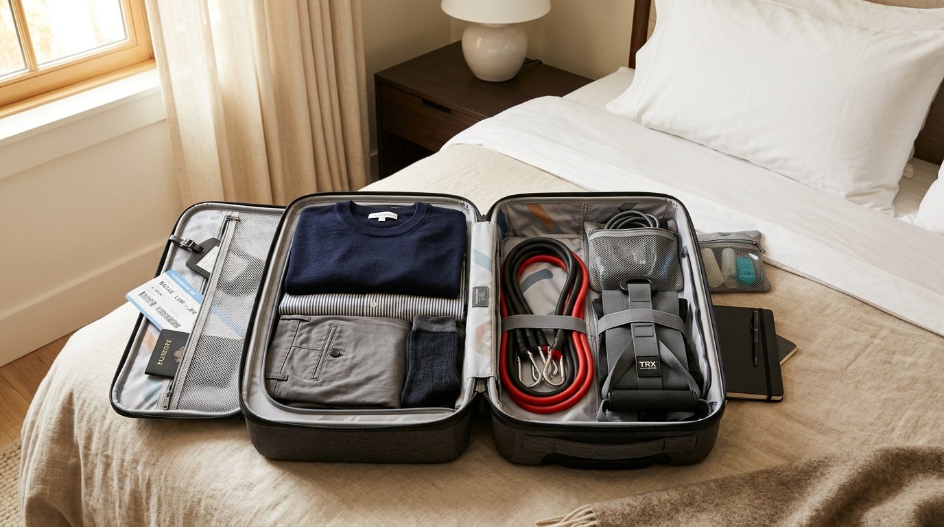 Travel workout equipment packed into a carry-on bag