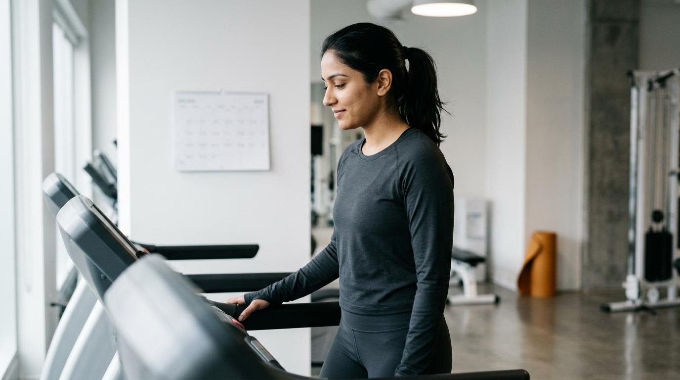Woman walking at an easy recovery pace on a treadmill between hard intervals in a four-week HIIT plan