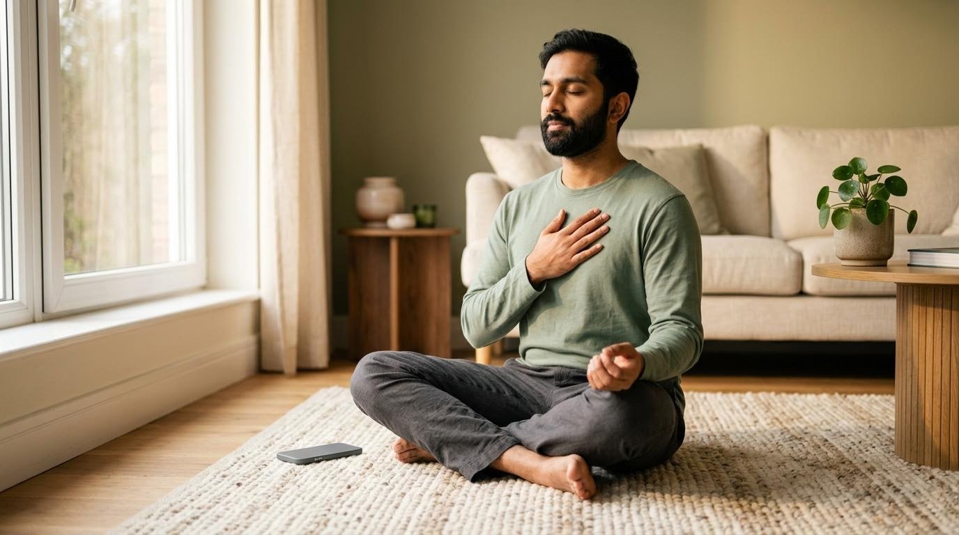 man practicing a two-minute breathing pause, an example of starting small mental health practices