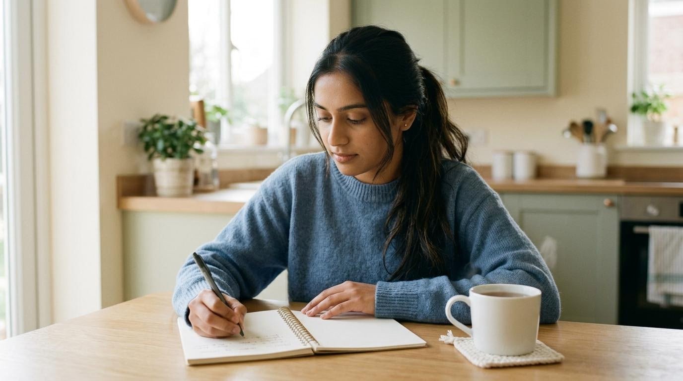 South Asian woman writing in a notebook during a two-week mood check-in for mild symptoms of depression