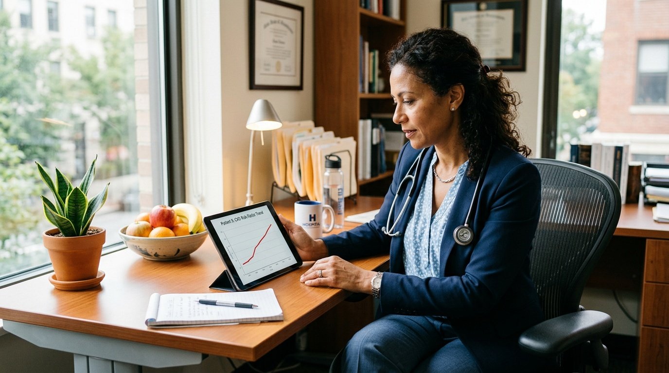 research linking ultra-processed food to heart attack risk shown through a cardiologist reviewing diet data on a tablet