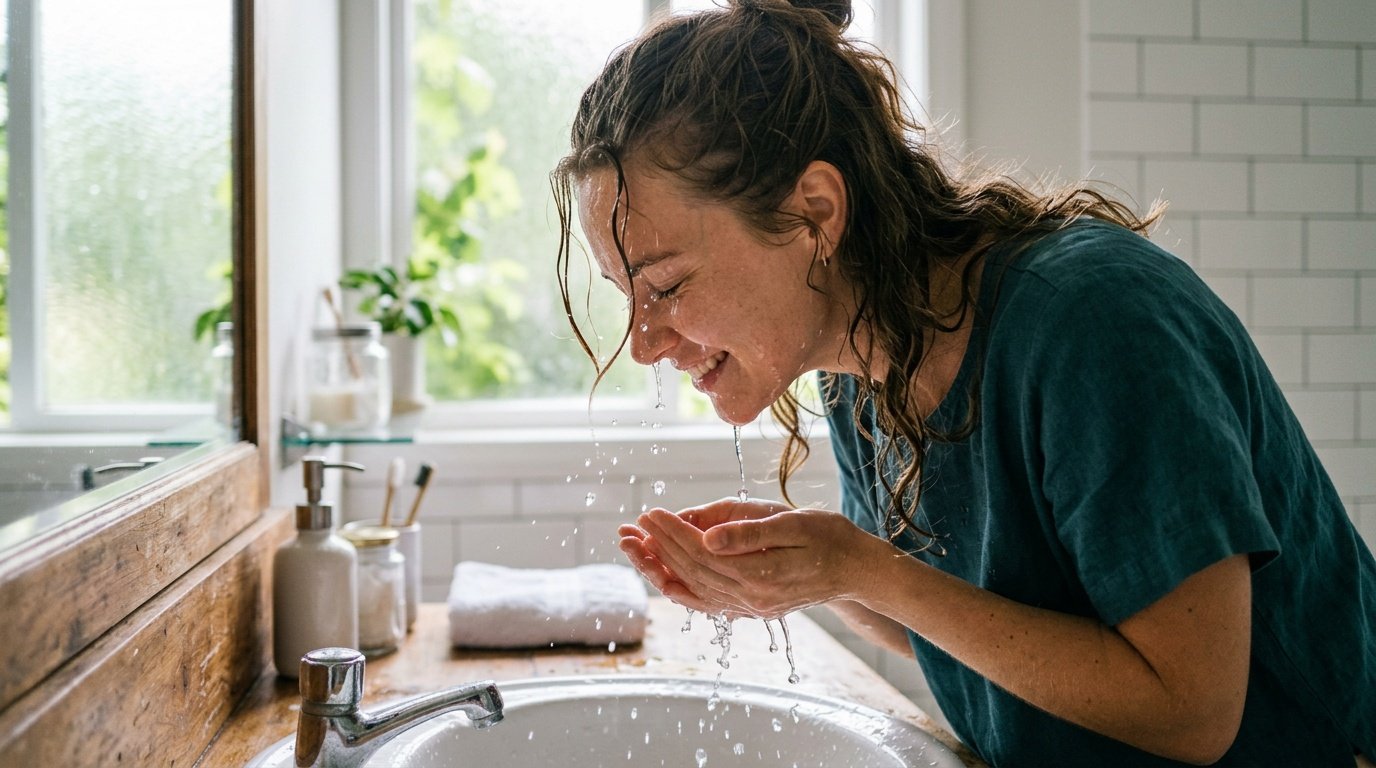 person splashing cold water on their face as a vagal toning technique to trigger the mammalian dive reflex