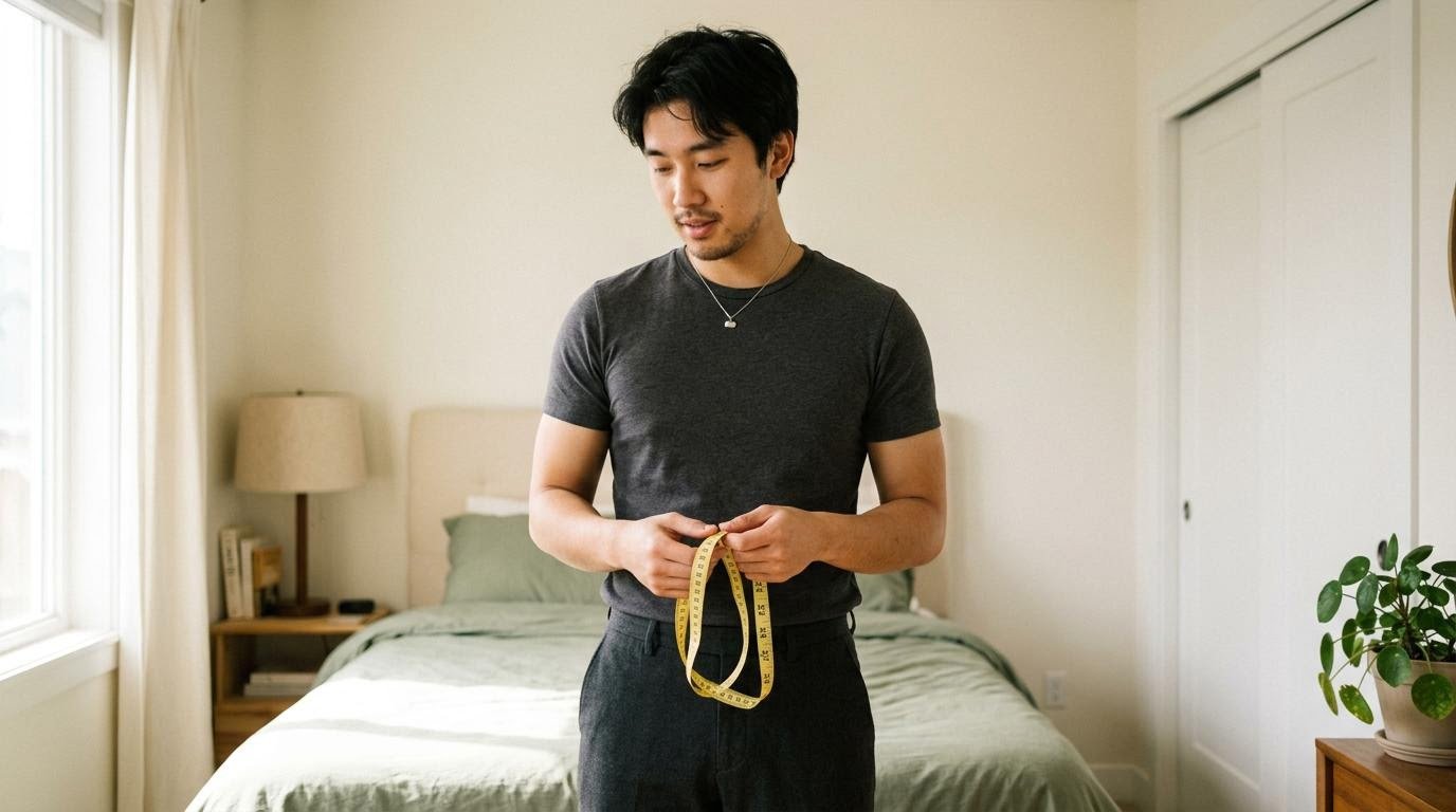 Man holding a soft tape measure to track his waist size and belly fat
