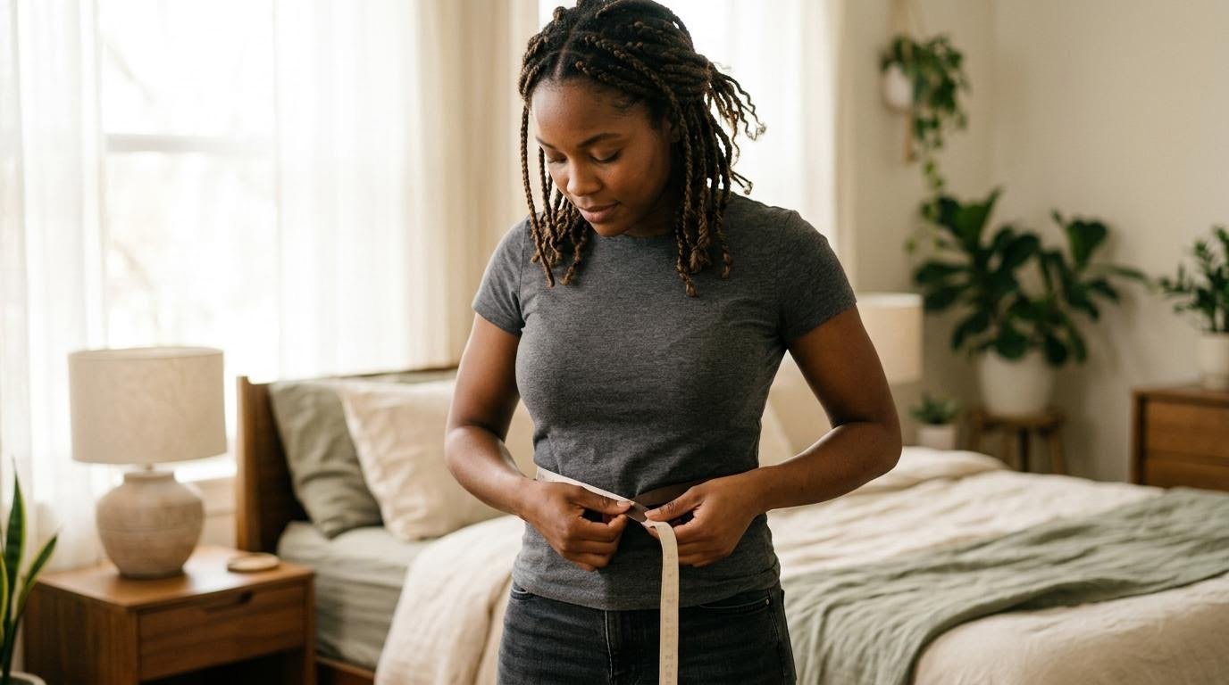 Black woman wrapping a soft tape measure around her waist to check belly fat risk