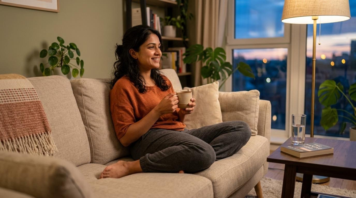 South Asian woman sipping tea in a calm evening during the fasting window of intermittent fasting 16/8