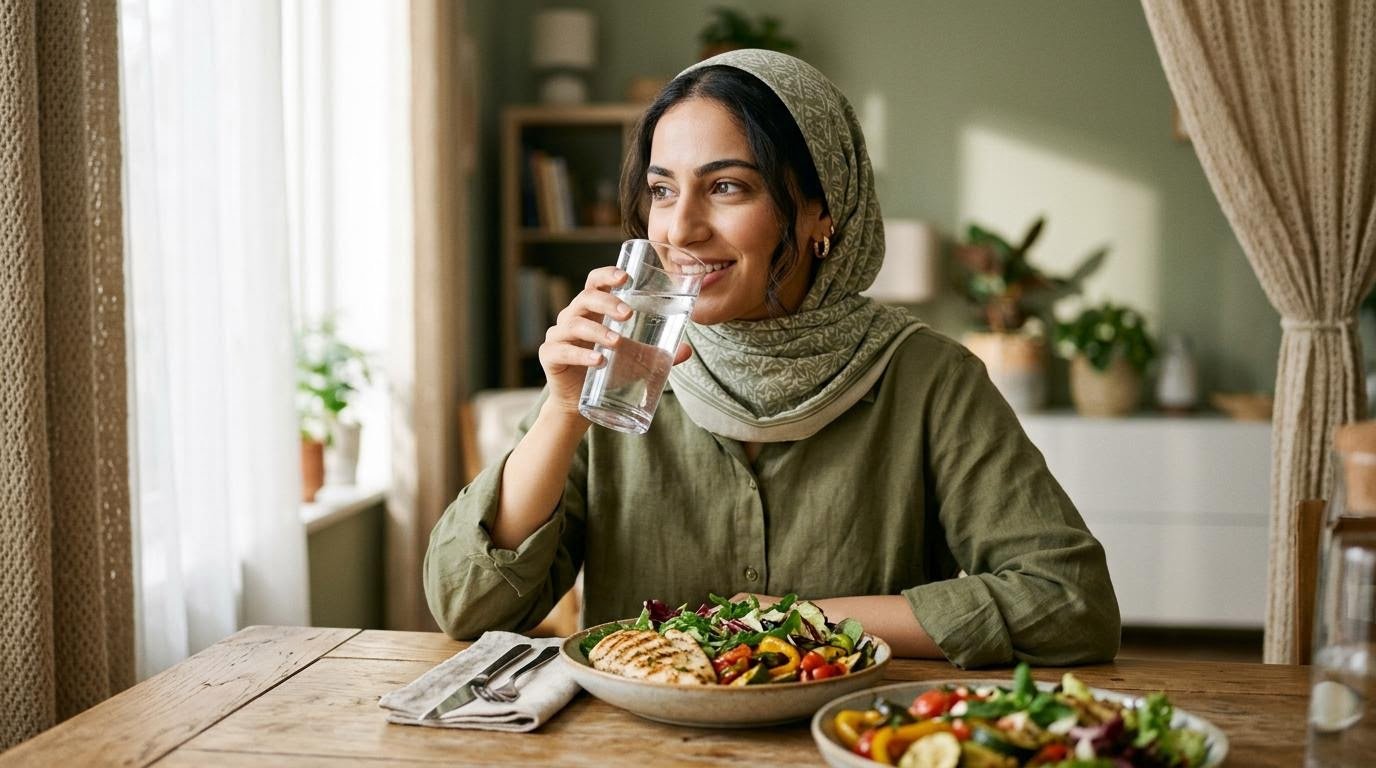 Middle Eastern woman drinking a glass of water before a salad, the best-supported burn belly fat drink