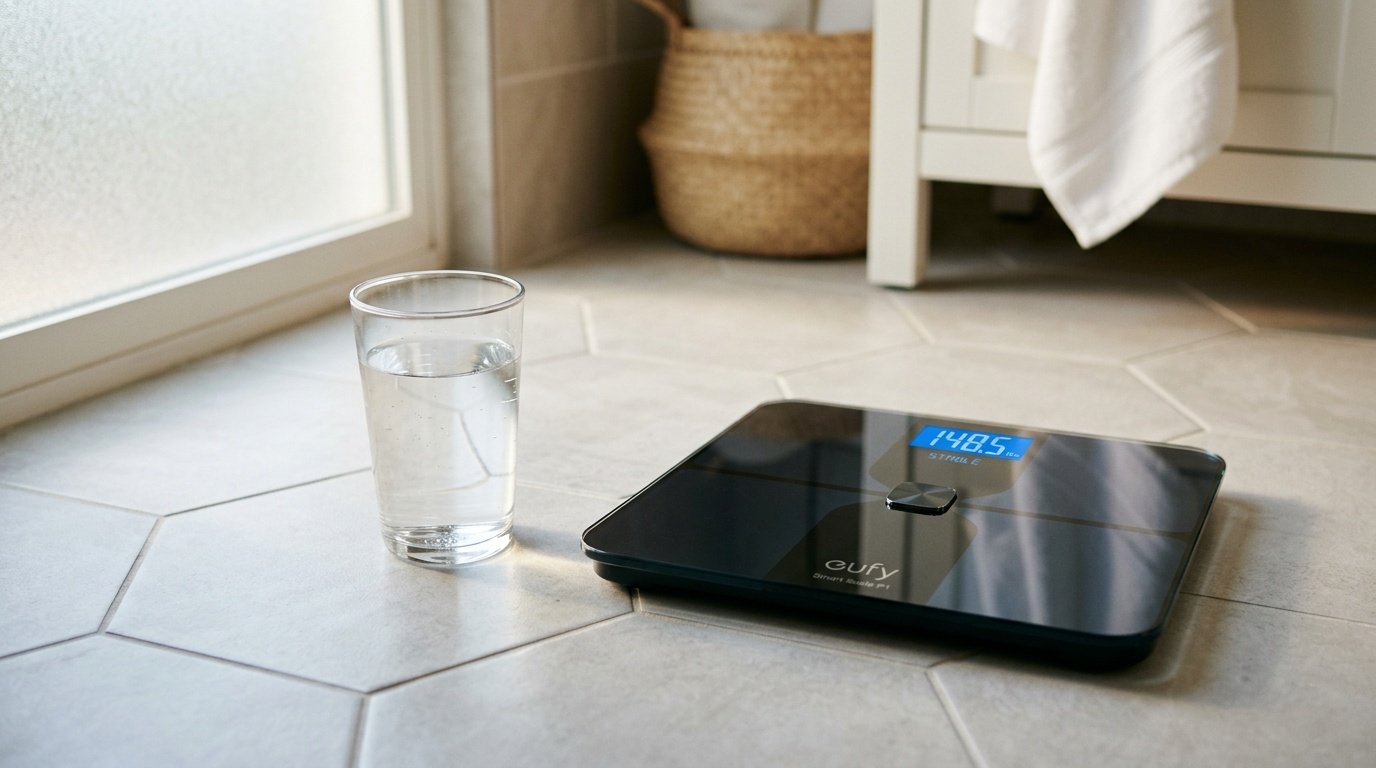 Glass of water beside a bathroom scale illustrating water weight versus fat loss in the first week of fasting