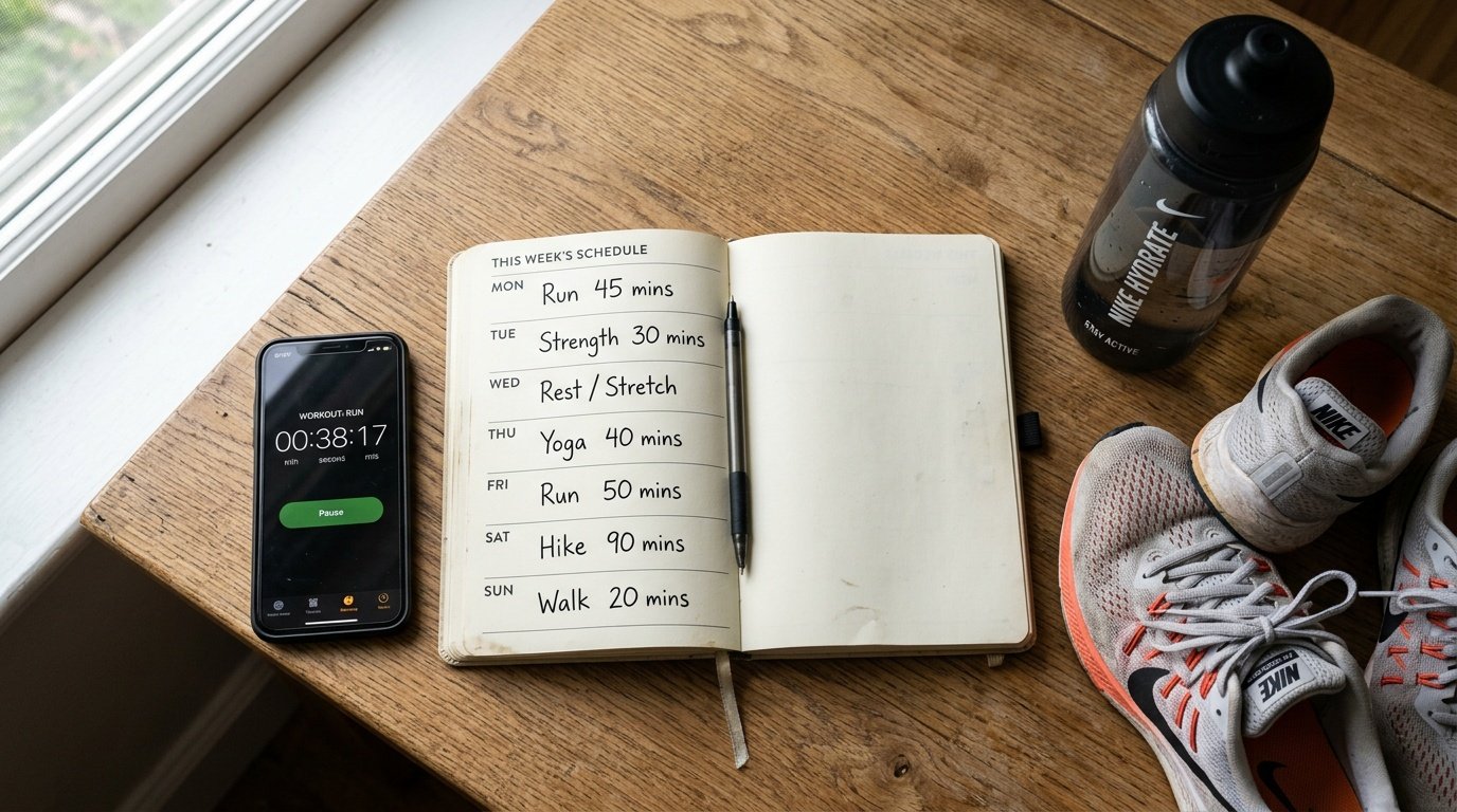 weekly aerobic minutes planner laid out on a desk next to a phone timer