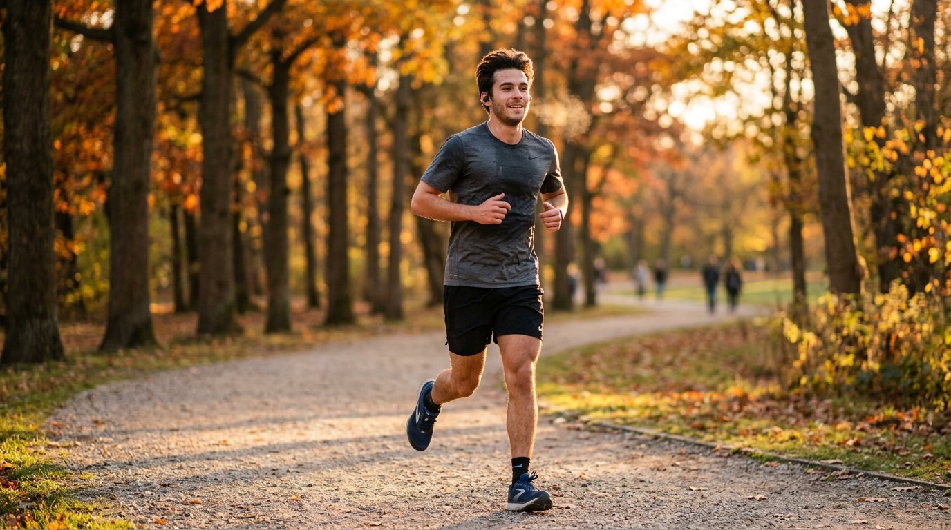 young man jogging outdoors as part of a weekly cardio and strength training plan