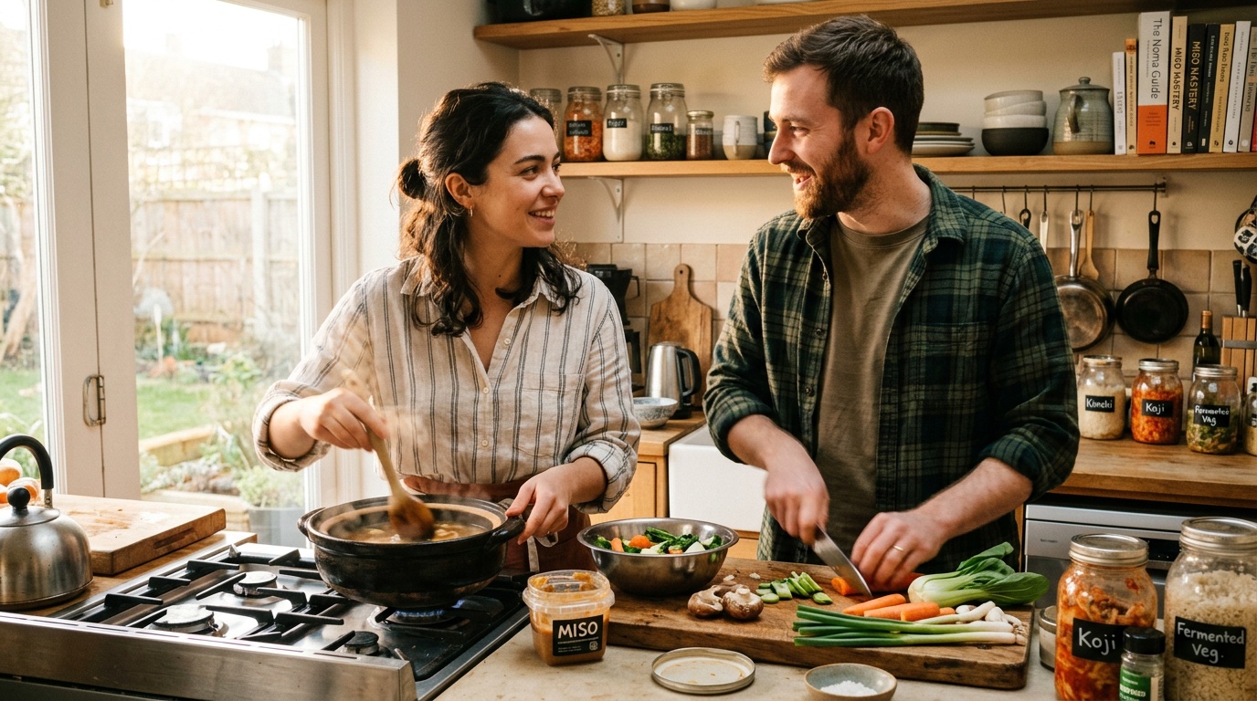 couple preparing a weekly fermented food routine to support gut health