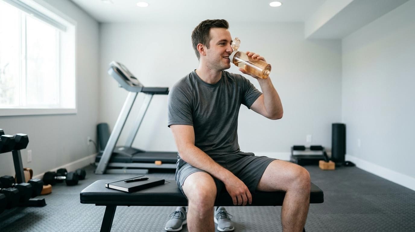 Man resting on a bench with water after a treadmill HIIT session, a rest day in the weekly schedule