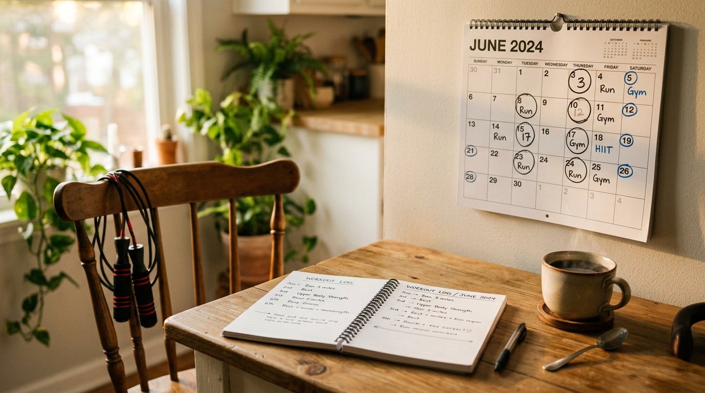 Calendar and notebook planning a realistic weekly jump rope routine around calorie goals