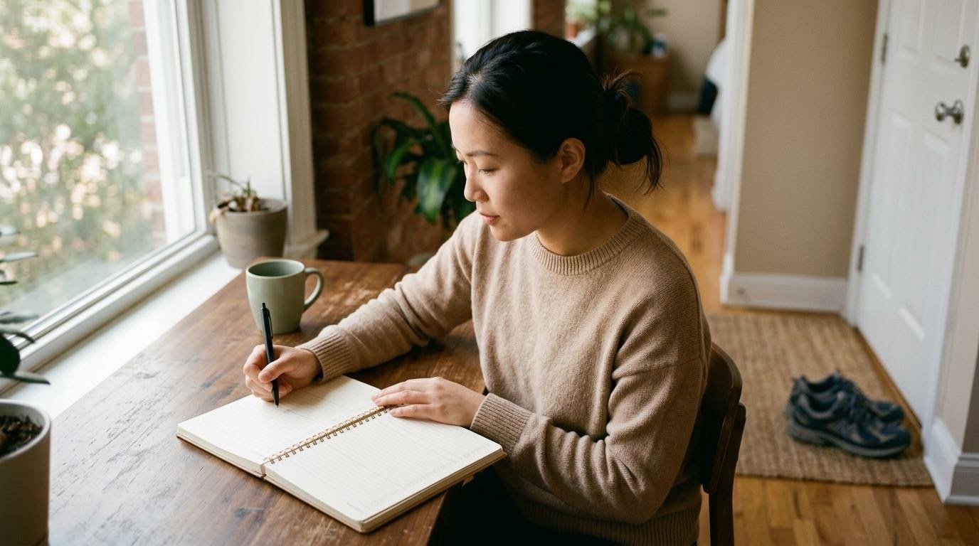 Young woman filling in a weekly planner at her desk to turn mental health habits into a plan