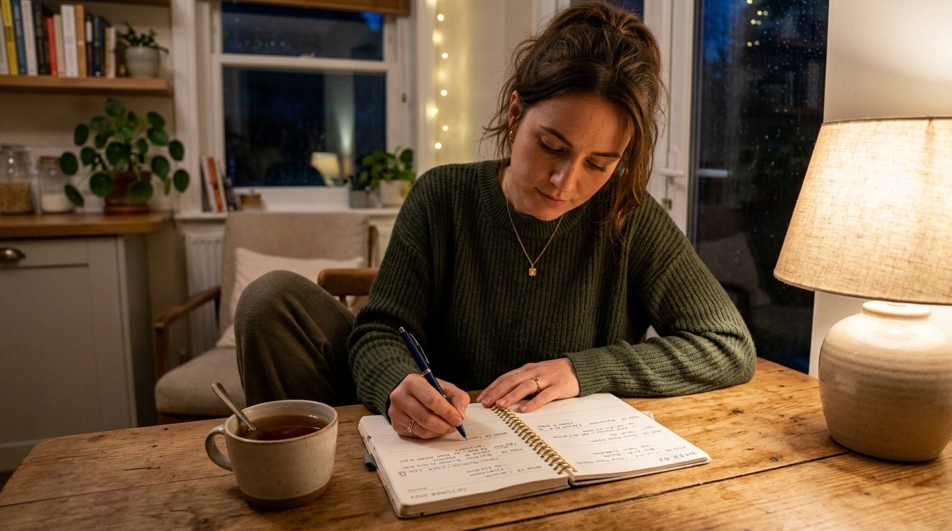 Woman writing a weekly stress management routine in a planner at home