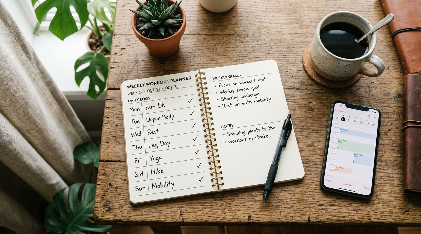 weekly workout schedule planner laid out on a desk with a coffee cup