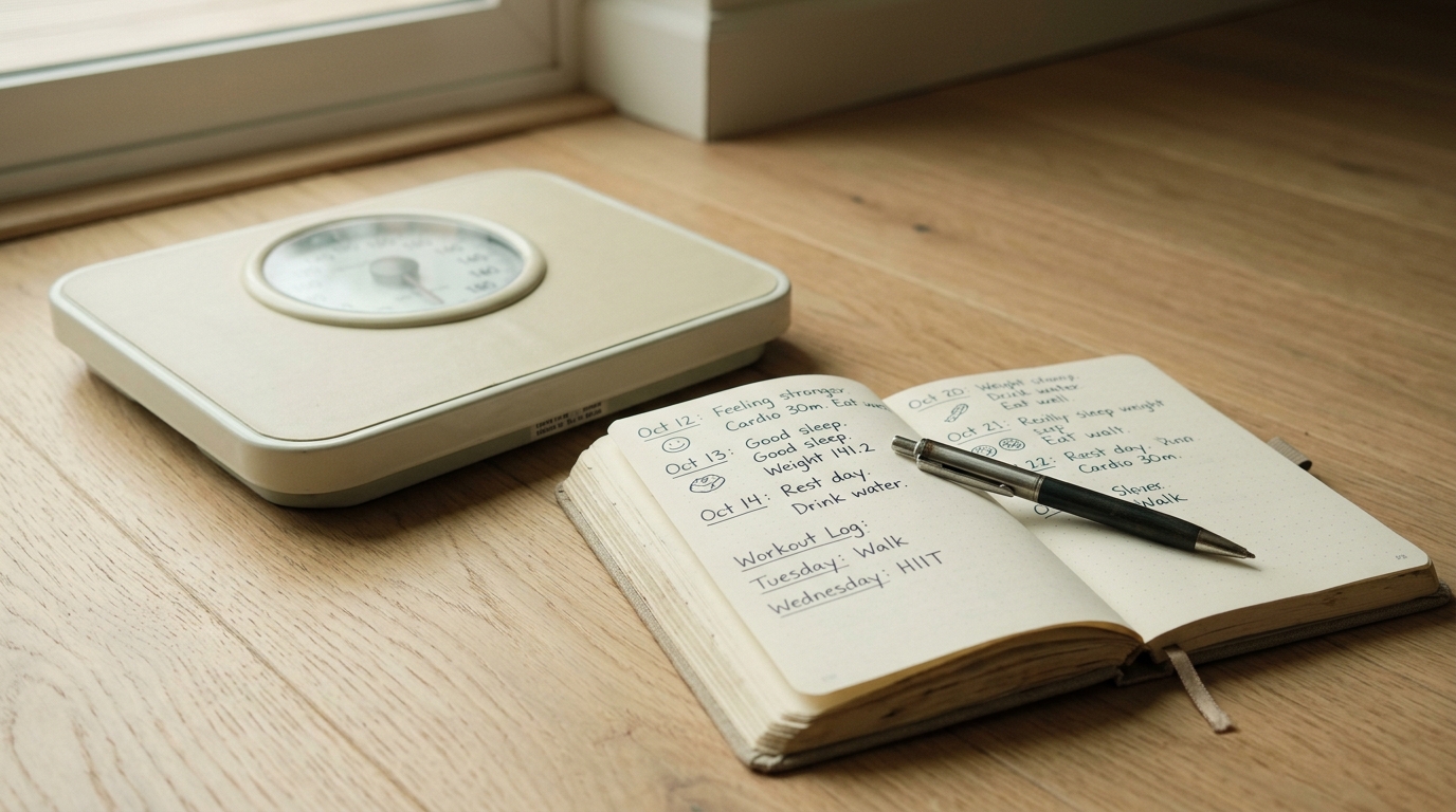 Journal and bathroom scale on a bedroom shelf tracking sustainable weight loss tips progress