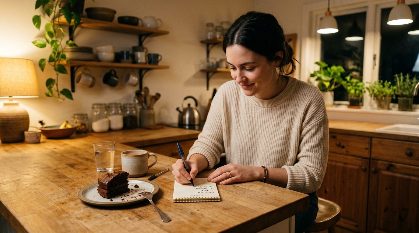 Person calmly planning a recovery routine after a weight loss setback week